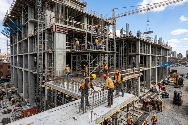 Construction workers on building site