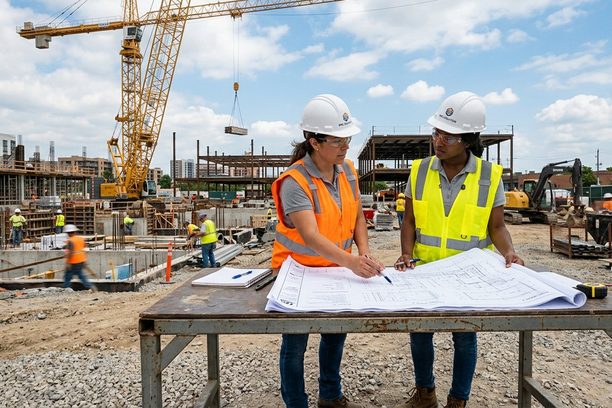 Civil engineers reviewing plans on site